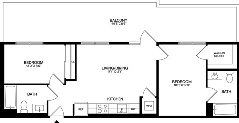 A black and white image of a floor plan for a balcony, living/dining area, kitchen, and two bedrooms.