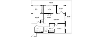 A black and white image of a floor plan for a home with a balcony, kitchen, living/dining area, and bathrooms.