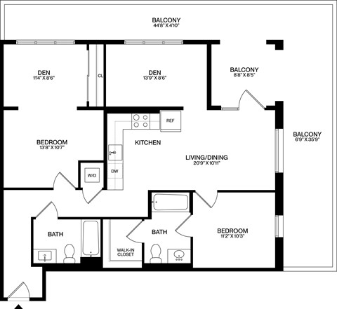 A black and white image of a floor plan for a home with a balcony, kitchen, living/dining area, and bathrooms.