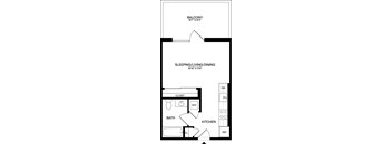 A black and white floor plan of a small apartment with a balcony and a bathroom.
