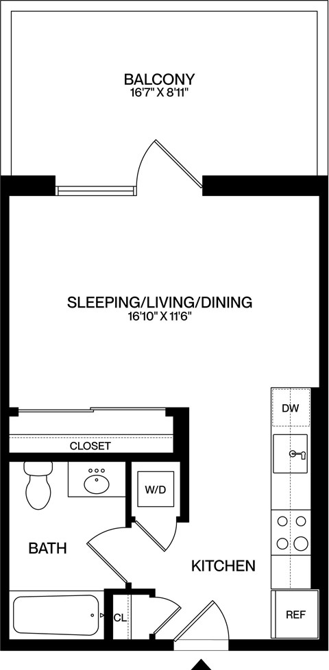 A black and white floor plan of a small apartment with a balcony and a bathroom.