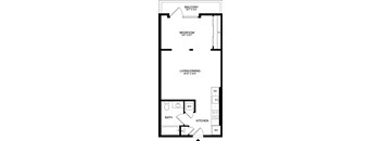 A floor plan of a small apartment with a bedroom, living room, kitchen, and bathroom.