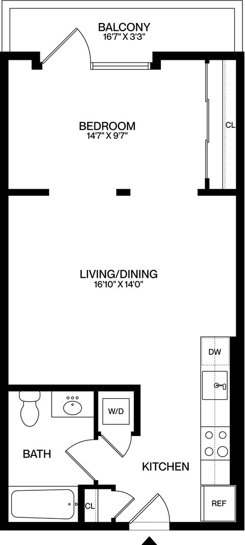 A floor plan of a small apartment with a bedroom, living room, kitchen, and bathroom.