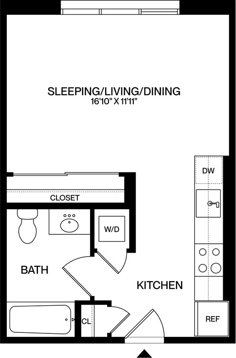 A floor plan of a small apartment with a sleeping area, a kitchen, a bathroom, and a closet.