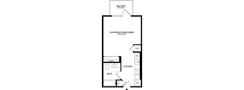 A floor plan of a small apartment with a sleeping area, kitchen, and bathroom.