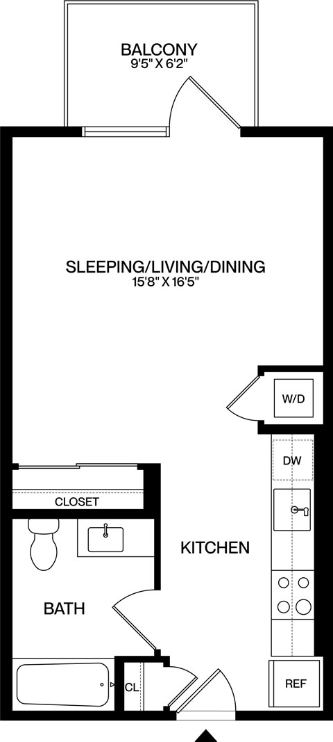 A floor plan of a small apartment with a sleeping area, kitchen, and bathroom.