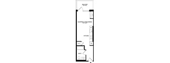 A black and white floor plan of a small apartment with a balcony, kitchen, bathroom, and sleeping/living/dining area.
