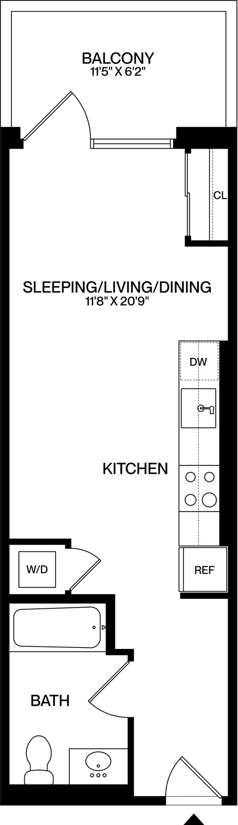 A black and white floor plan of a small apartment with a balcony, kitchen, bathroom, and sleeping/living/dining area.