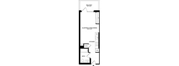 A floor plan of a small apartment with a balcony, kitchen, bathroom, and sleeping/living/dining area.