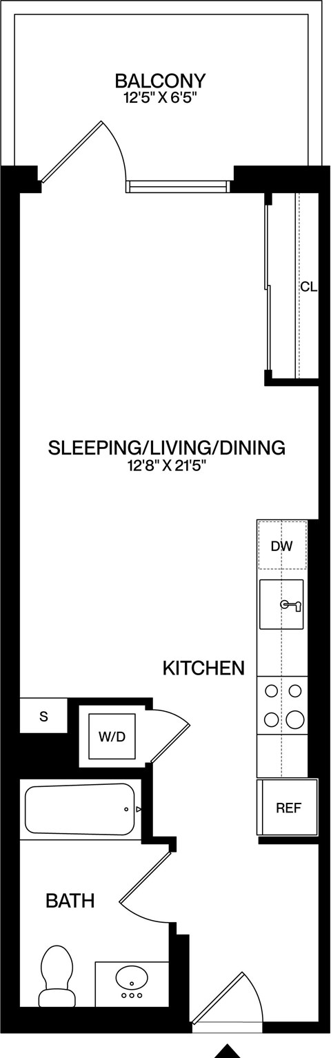 A floor plan of a small apartment with a balcony, kitchen, bathroom, and sleeping/living/dining area.