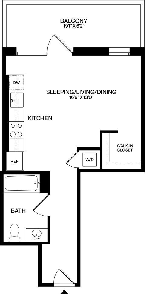 A black and white floor plan of a small apartment with a balcony, kitchen, bathroom, and sleeping area.