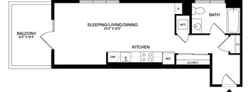 A floor plan of a small apartment with a sleeping area, kitchen, and bathroom.