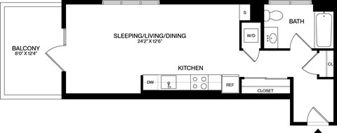 A floor plan of a small apartment with a sleeping area, kitchen, and bathroom.