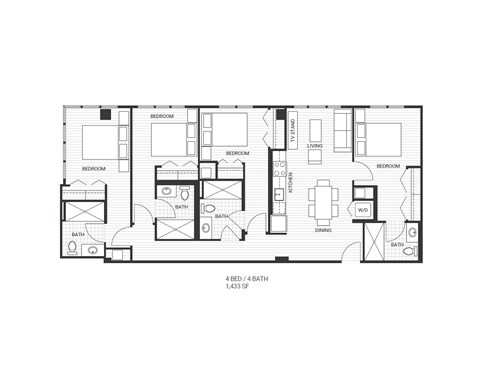 A floor plan of a house with 4 bedrooms and 14.33 square feet of bath.