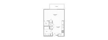 A floor plan of a house with a kitchen, bathroom, and living room.