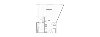 A floor plan of a house with a kitchen, bathroom, and two bedrooms.