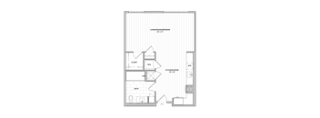 A floor plan of a living space with a kitchen, bathroom, and closet.
