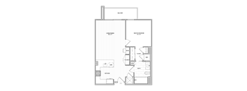 A floor plan of a house with a kitchen, living room, and bathrooms.