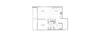 A floor plan of a house with a kitchen, living room, and two bedrooms.