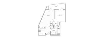 A floor plan of a house with a balcony, kitchen, living room, dining room, bathroom, and two bedrooms.