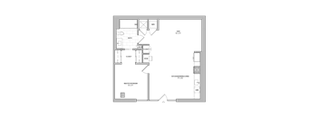 A floor plan of a house with a master bedroom, two closets, a bathroom, and a kitchen/dining area.