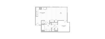 A floor plan of a house with a kitchen, two bathrooms, a living room, a dining room, a master bedroom, and a laundry room.