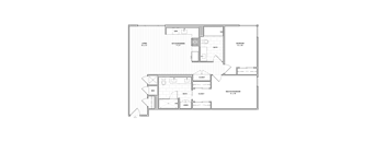 A floor plan of a house with a living room, kitchen, and two bedrooms.