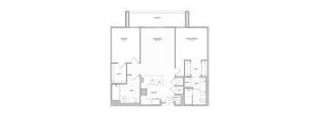 A floor plan of a house with a balcony, two bedrooms, a bathroom, a living room, a dining room, a kitchen, and a laundry area.