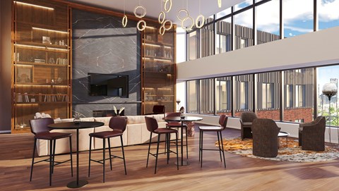 A modern living room with a fireplace and a dining table set up.