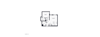 A floor plan of a house with a kitchen, living room, and bathroom.