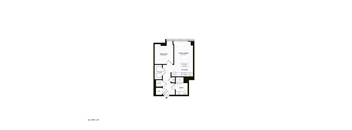 A floor plan of a house with a kitchen, living room, and two bedrooms.