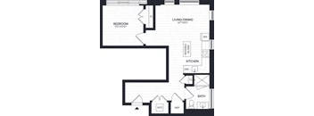 A black and white image of a floor plan for a small apartment.