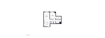 A floor plan of a house with a kitchen, living room, and bathrooms.