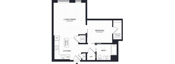 A floor plan of a small apartment with a living area, kitchen, and bedroom.
