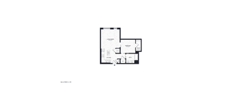A black and white floor plan of a house with a kitchen, living room, and two bedrooms.