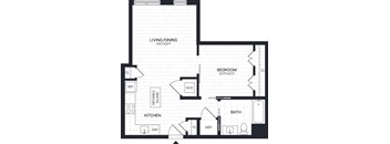 A black and white image of a living and dining room, kitchen, and bathroom floor plan.