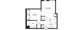A floor plan of a small apartment with a living room, bedroom, bathroom, kitchen, and a movable island.