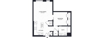 A floor plan of a small apartment with a living/dining area, kitchen, bathroom, and two bedrooms.