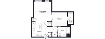 A black and white image of a floor plan for a home with a living/dining area, kitchen, bedroom, bathroom, and walk-in closet.