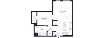 A floor plan of a small apartment with a bedroom, bathroom, kitchen, living room, and walk-in closet.