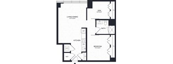 A floor plan of a home with a living room, dining room, kitchen, and bedroom.