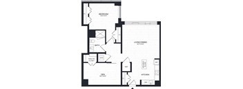A black and white floor plan of a house with a bedroom, living/dining area, kitchen, and a walk-in closet.