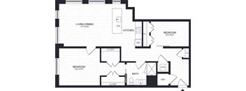 A floor plan of a house with a living/dining area, kitchen, two bedrooms, a bathroom, and a mudroom.