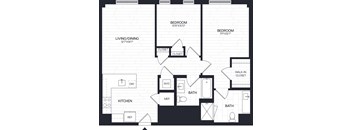 A black and white image of a floor plan for a house with two bedrooms, a living/dining area, a kitchen, and two bathrooms.