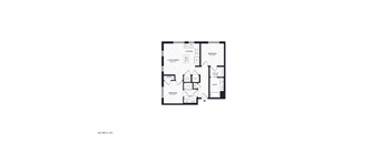 A floor plan of a house with a living room, two bedrooms, a bathroom, and a kitchen.