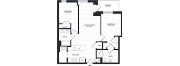 A black and white image of a floor plan for a house with two bedrooms, a living/dining area, a kitchen, a bath, and a terrace.