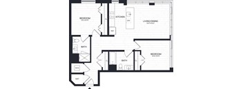 A black and white image of a floor plan for a home with two bedrooms, a living/dining area, kitchen, bathroom, and MEP.