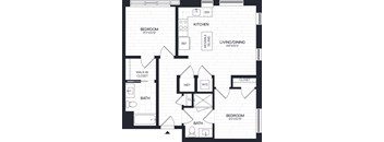 A black and white image of a floor plan for a house with two bedrooms, a kitchen, a living/dining area, a bathroom, a walk-in closet, and a home office.
