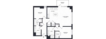 A black and white floor plan of a house with two bedrooms, a living area, a kitchen, and a bathroom.