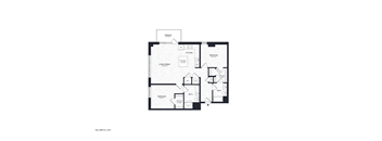A black and white floor plan of a house with a living room, dining room, kitchen, and two bathrooms.